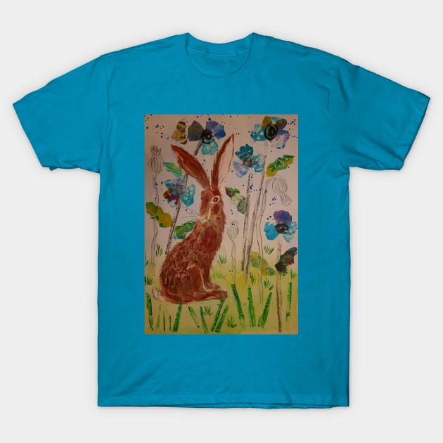 Hare among Blue Poppies Collage T-Shirt by Casimirasquirkyart